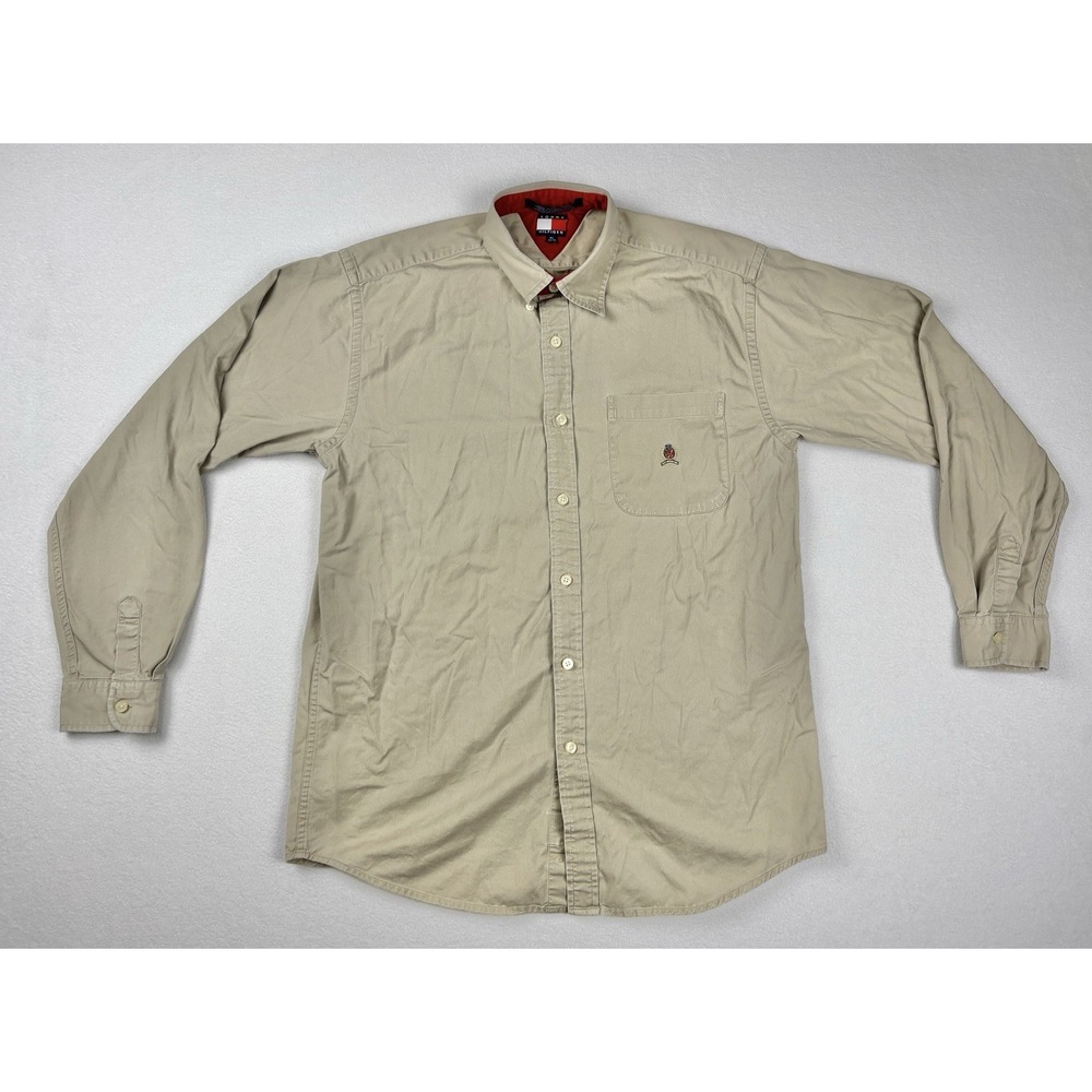 Tommy Hilfiger‎ Men's Beige Oxford Shirt XL Crest Logo Button Down Red Collar